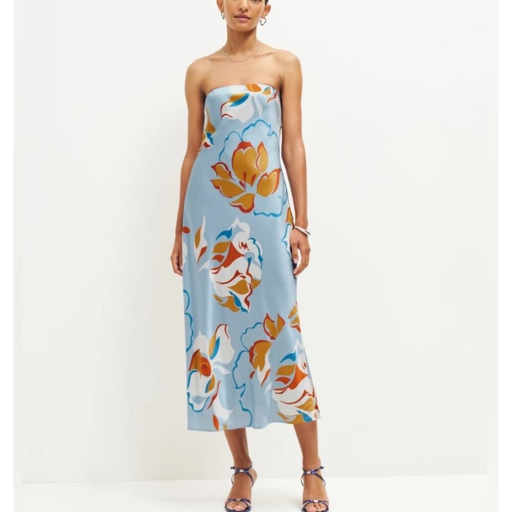 Reformation Joana Silk Dress Hyperion Print Strapless Floral Midi 0 Tropical
